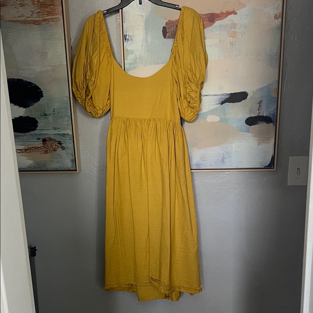 Yellow 100% linen midi Puff Sleeve Dress